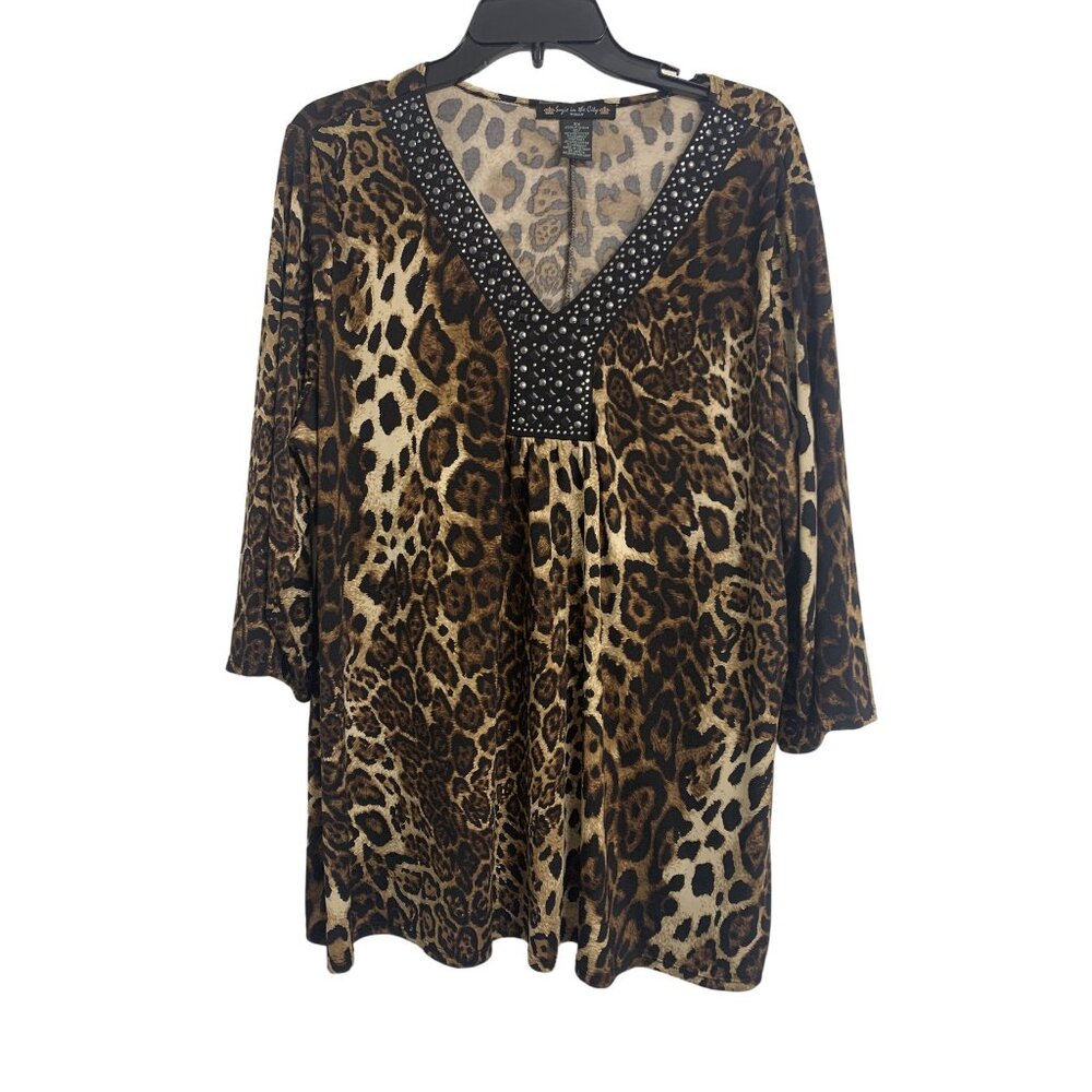 Suzie In The City Leopard Studded V Neck Blouse Size 2X